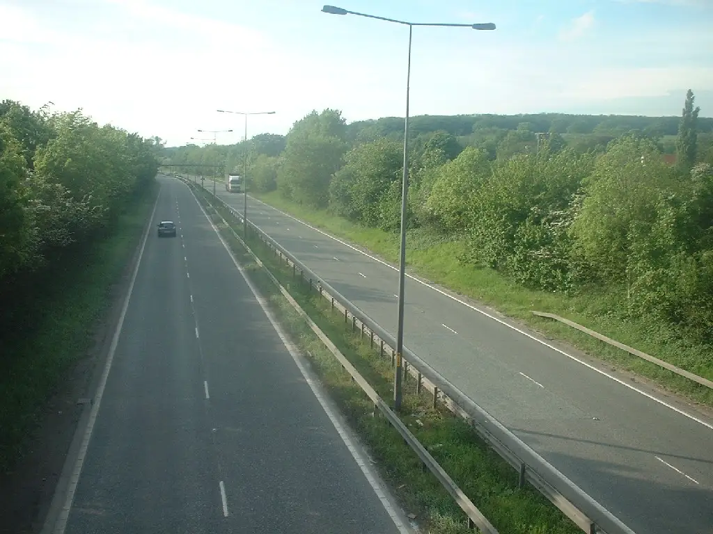 Dual carriageway road showing multiple lanes and central reservation